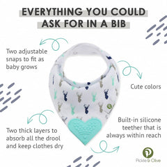Pickle & Olive blue deer bib with attached heart-shaped silicone teether.
