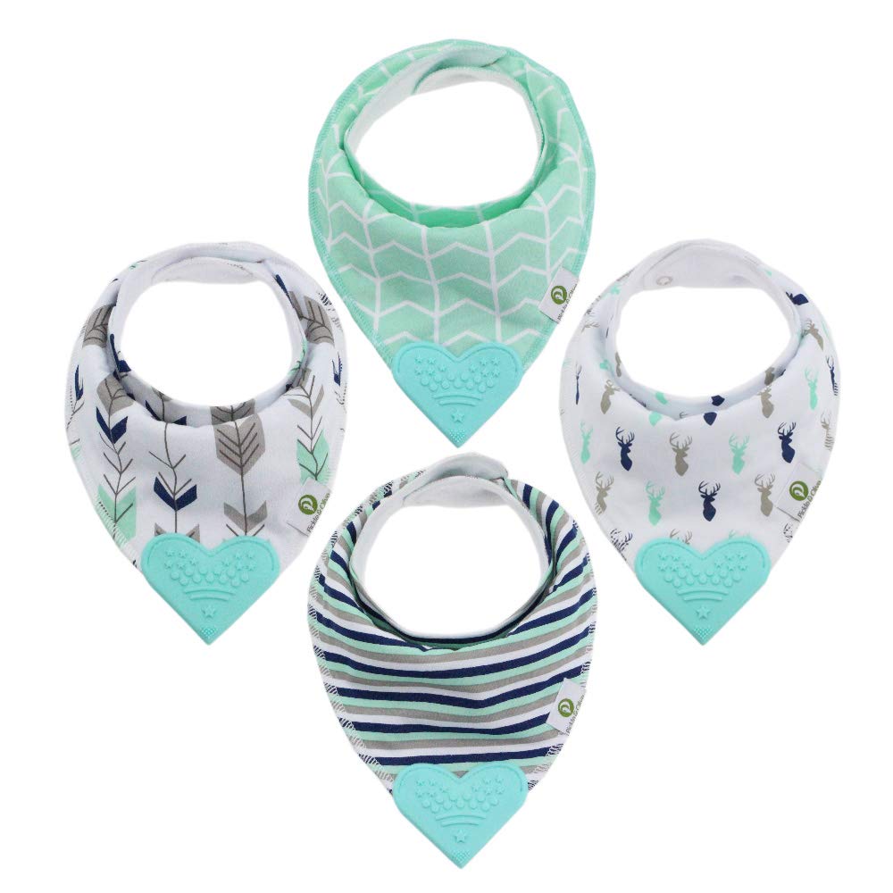 Pickle & Olive blue deer teething bib front view catching drool and gum soothing.