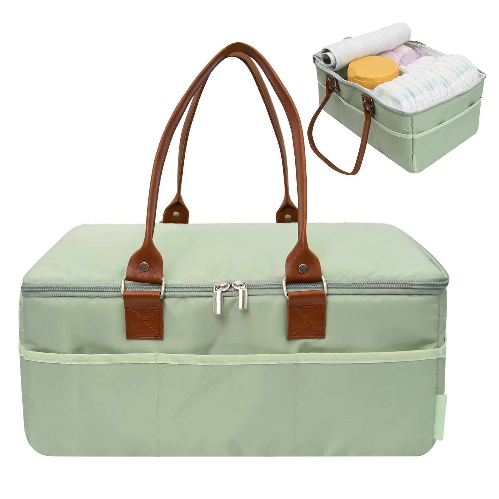 Picsthetic diaper bag organizer green front view shows roomy compartments for baby essentials