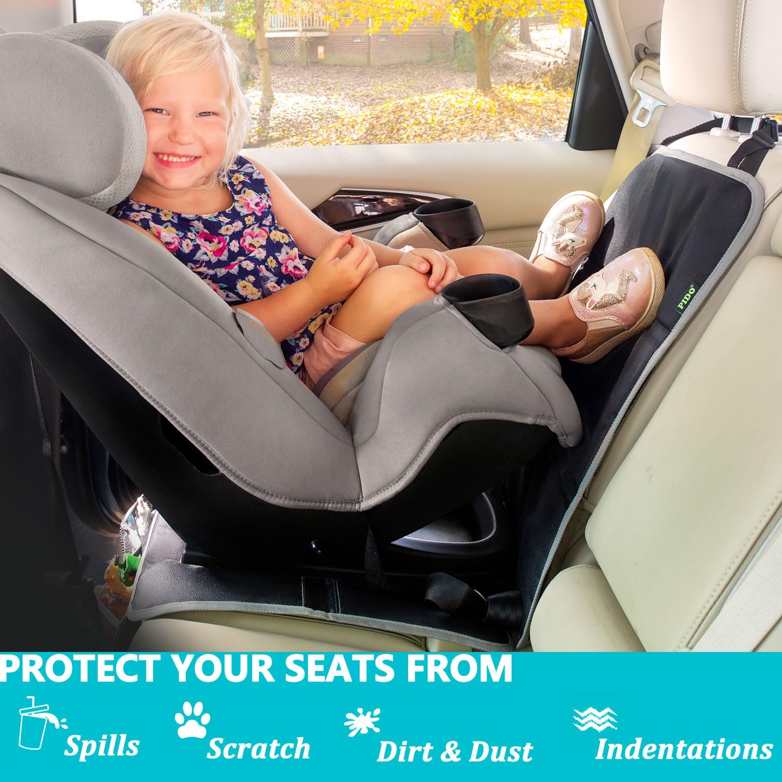 PIDO seat protector 2-pack provides versatile coverage for rear or forward seats.