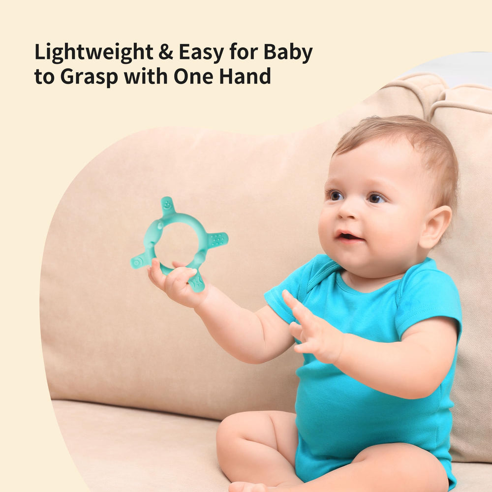 Pigeon Blue Cat teether with round tail for chewing exploration.