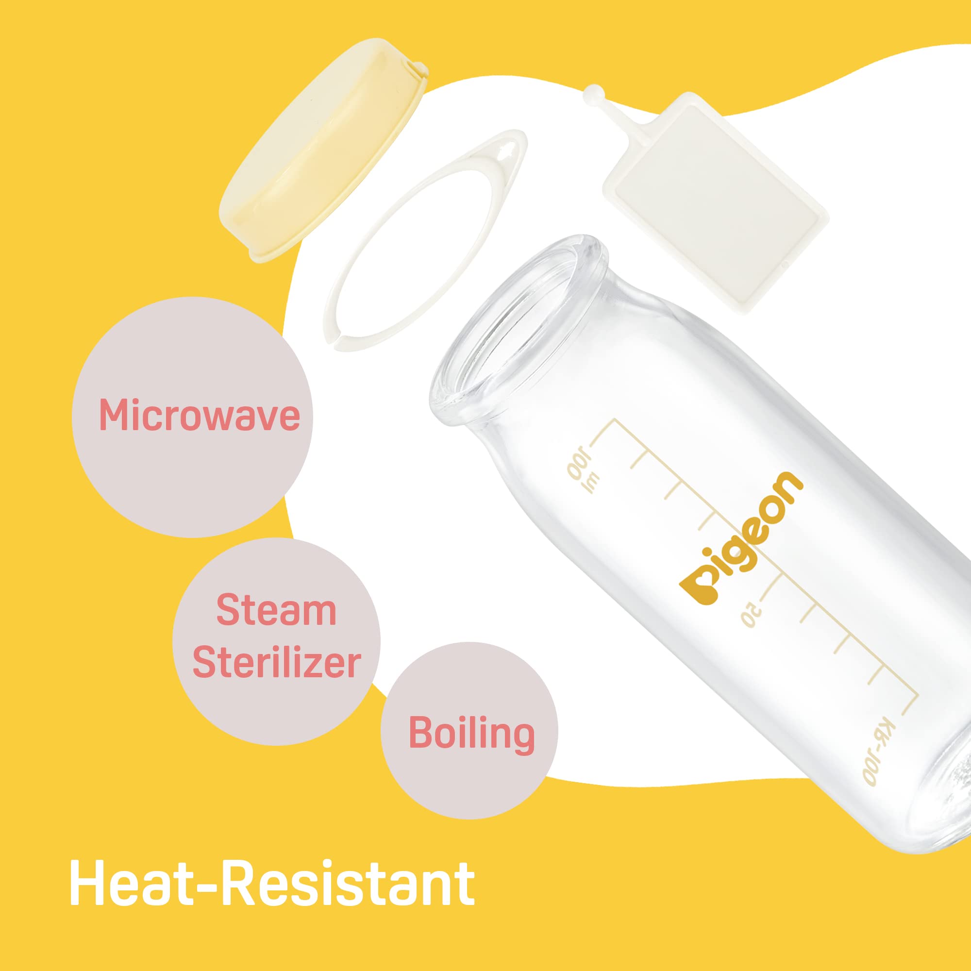 Pigeon bottle without nipple image highlights nipple compatibility options.