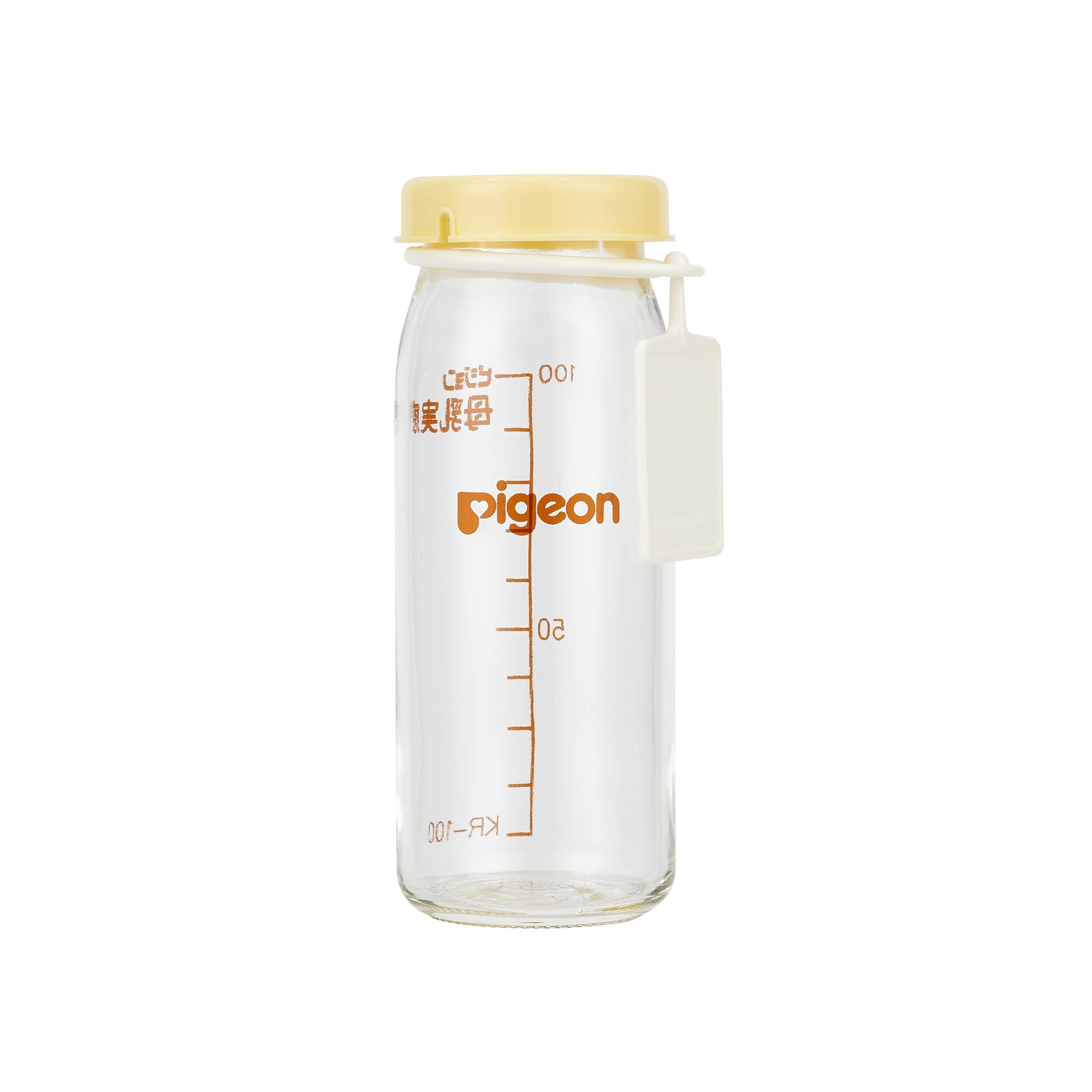 Pigeon glass bottle with lid and name tag showing compact 3.38 oz capacity for hospital use.