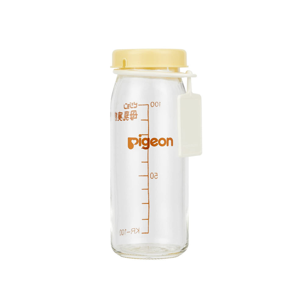Pigeon glass bottle with lid and name tag showing compact 3.38 oz capacity for hospital use.