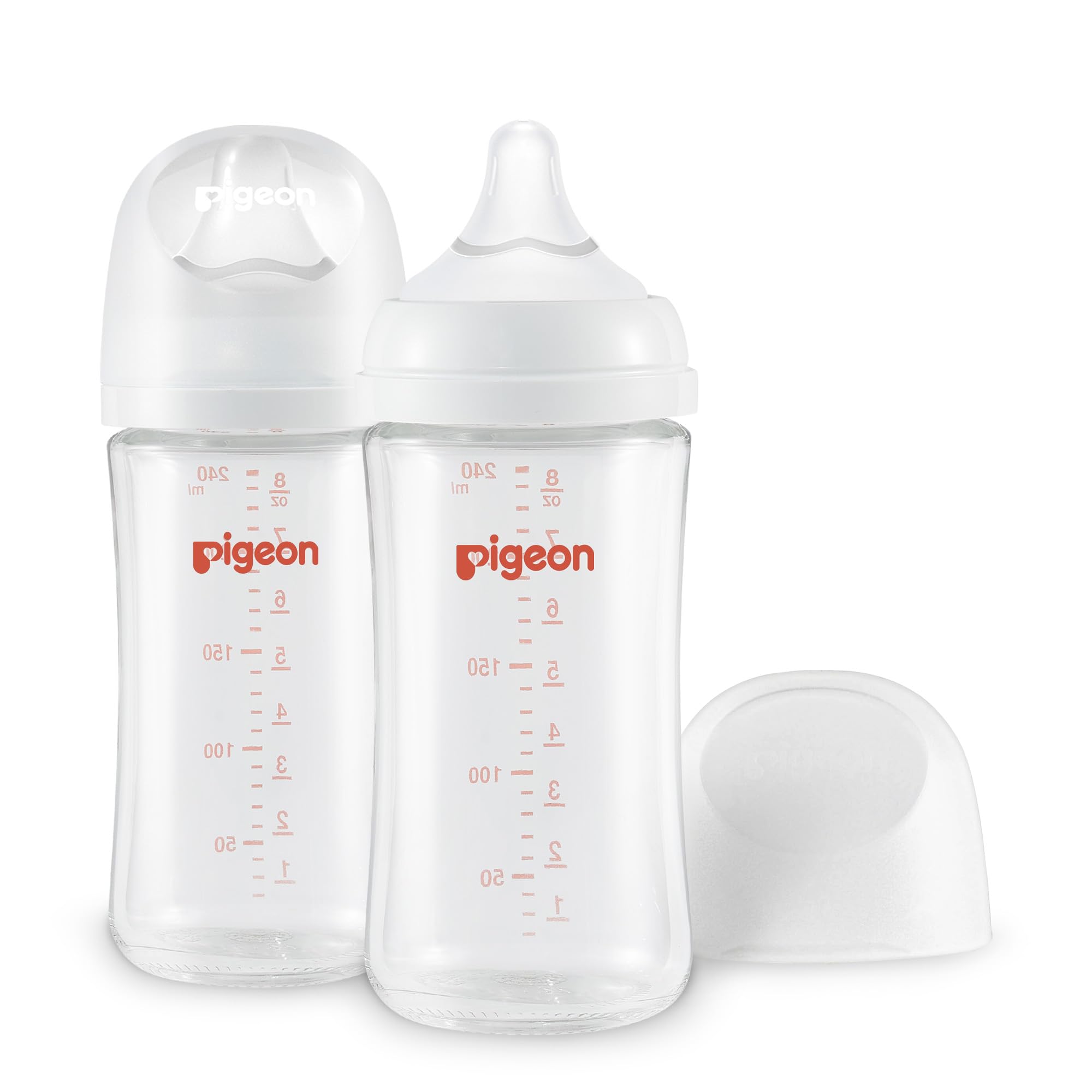 Pigeon glass nursing bottle wide neck improves grip and cleaning ease.
