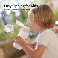 Pigeon kids insulated water bottle ergonomic lip-shaped spout for spill-free drinking.