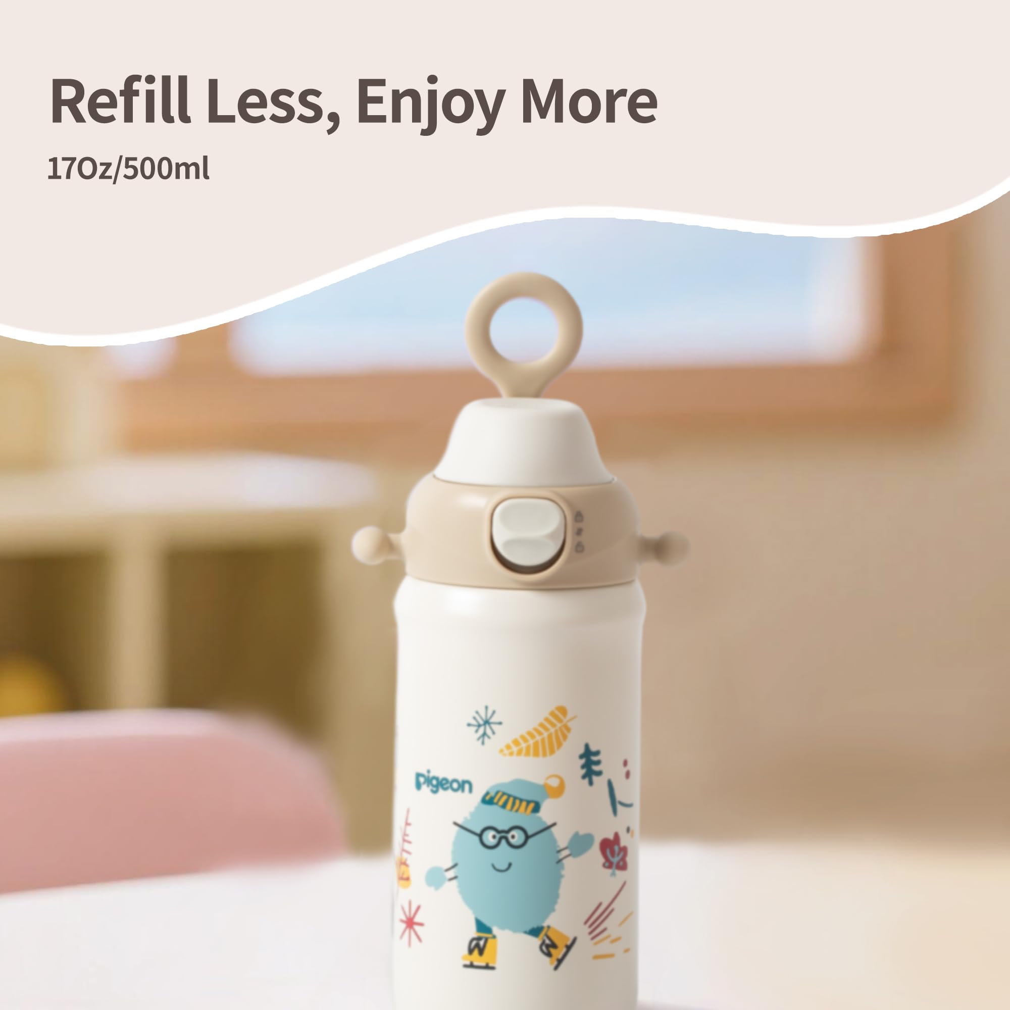Pigeon kids insulated water bottle in use on-the-go during skate trips.