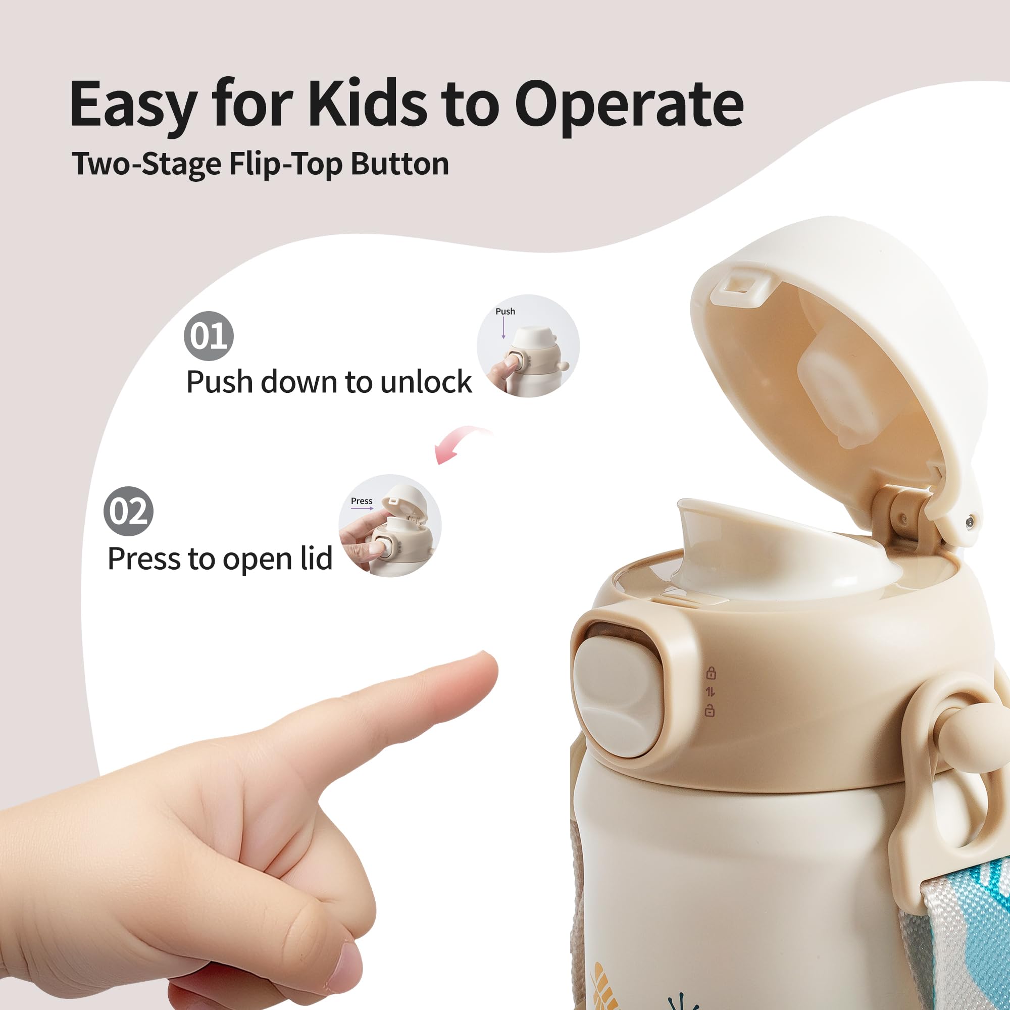 Pigeon kids insulated water bottle safety lock and flip button support one-handed use.