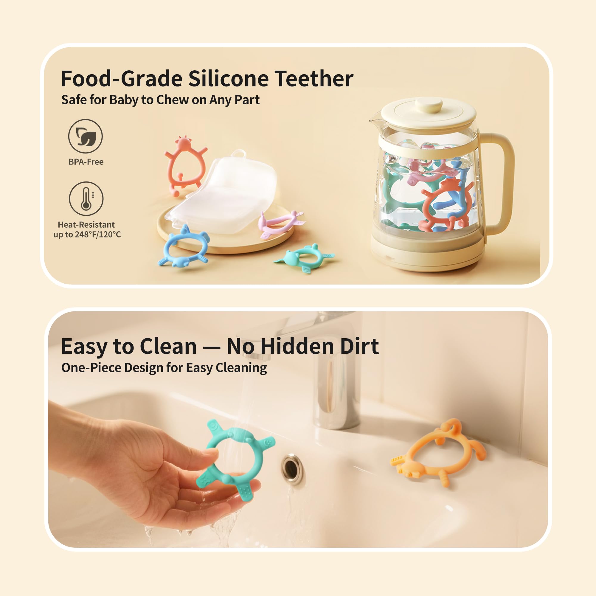 Pigeon One-Piece Teether cleans easily with no hidden dirt.