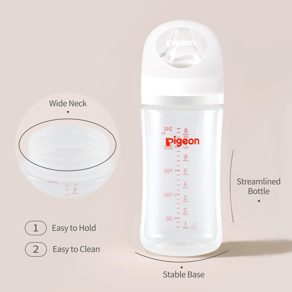 Pigeon PP anti-colic system image illustrating smoother feeding and reduced air intake.