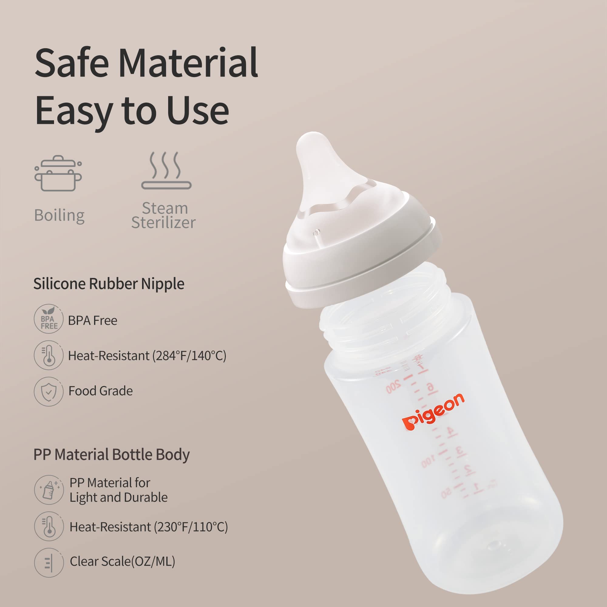 Pigeon PP M nipple 3m+ image showing age-appropriate sizing for feeding stages.