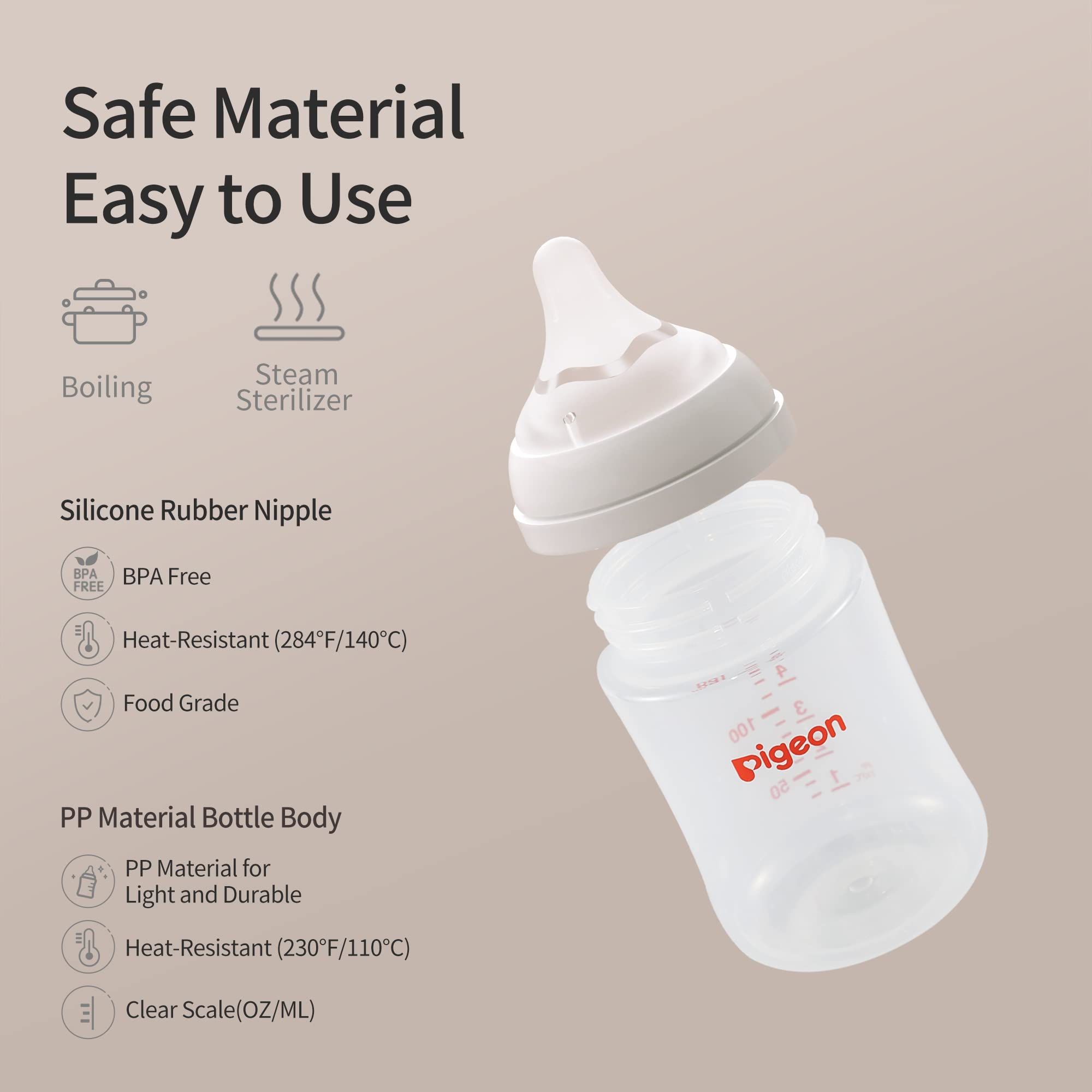 Pigeon PP nursing bottle nipples SS-0m+ offer varied flow for newborn feeding.
