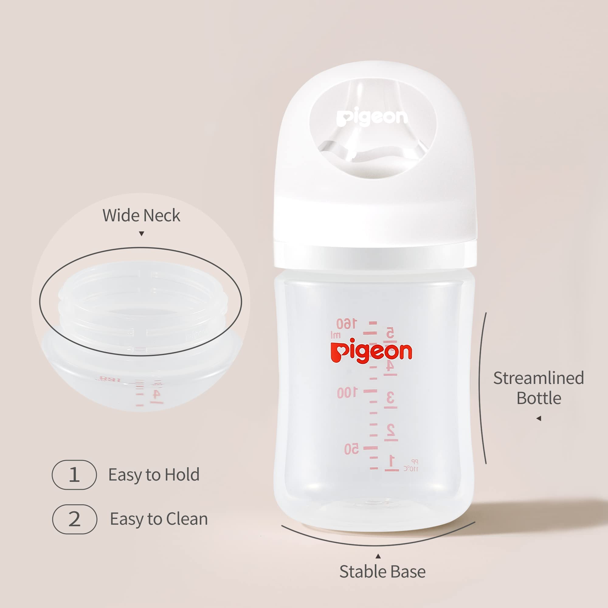 Pigeon PP nursing bottle streamlined body for easy handling during feeding.