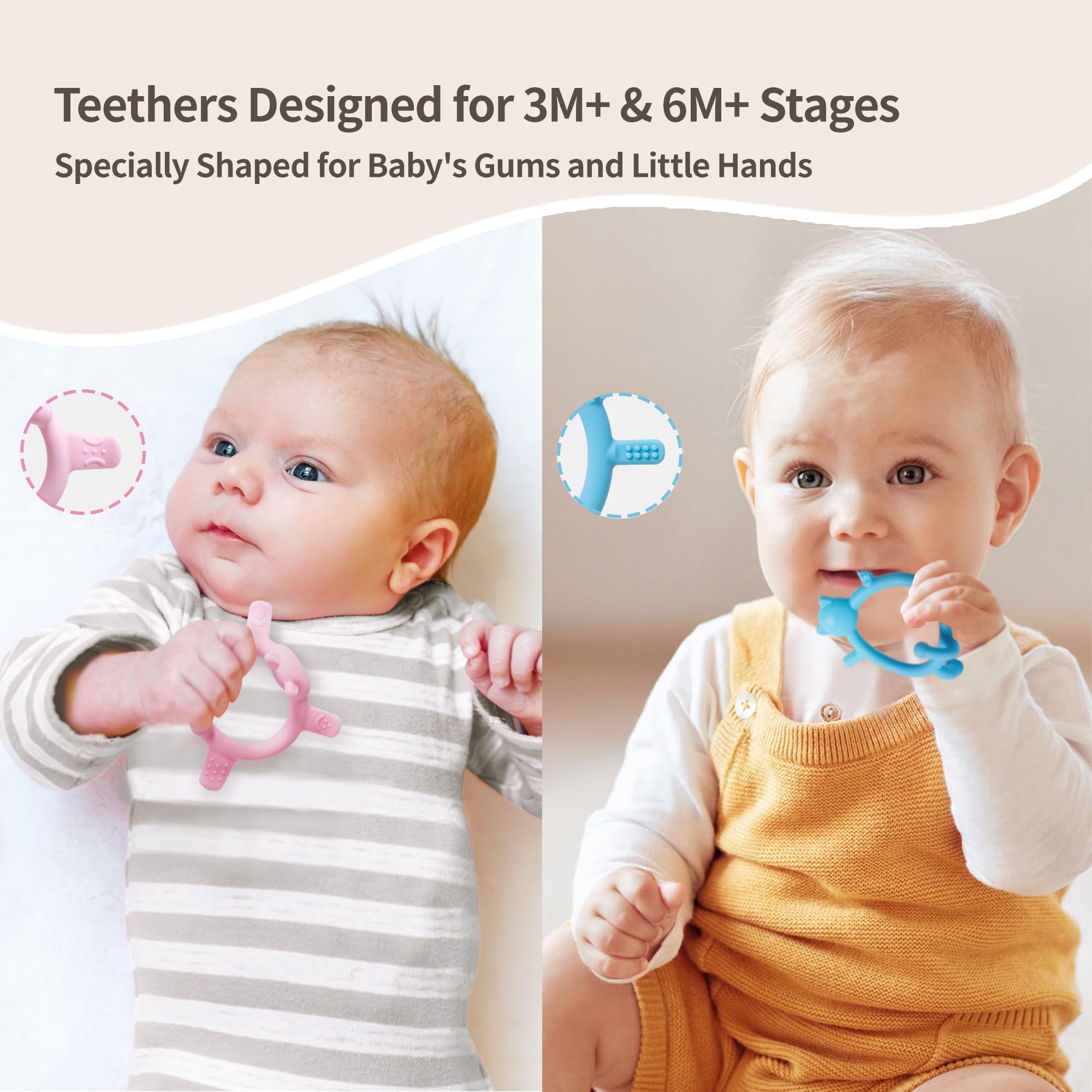 Pigeon teether textures highlight multi-textured surface for gum massage and exploration.