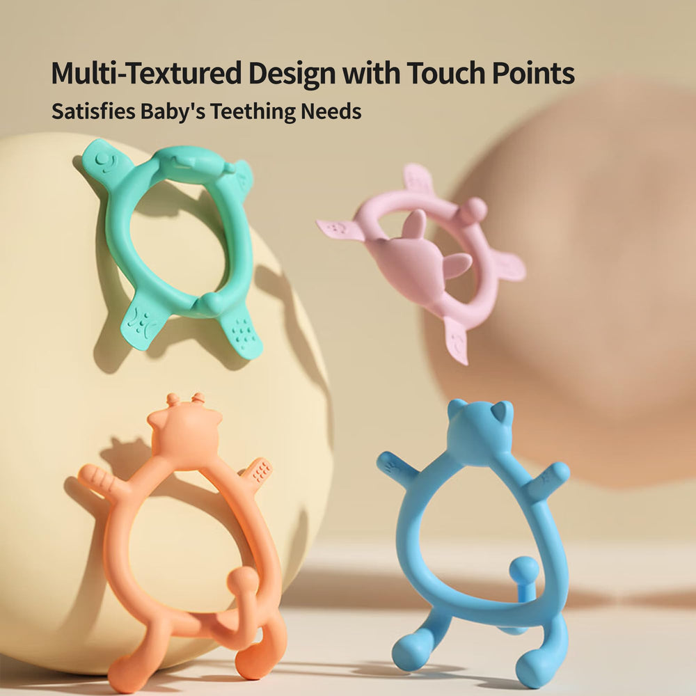 Pigeon baby holds teether during playtime for safe teething relief