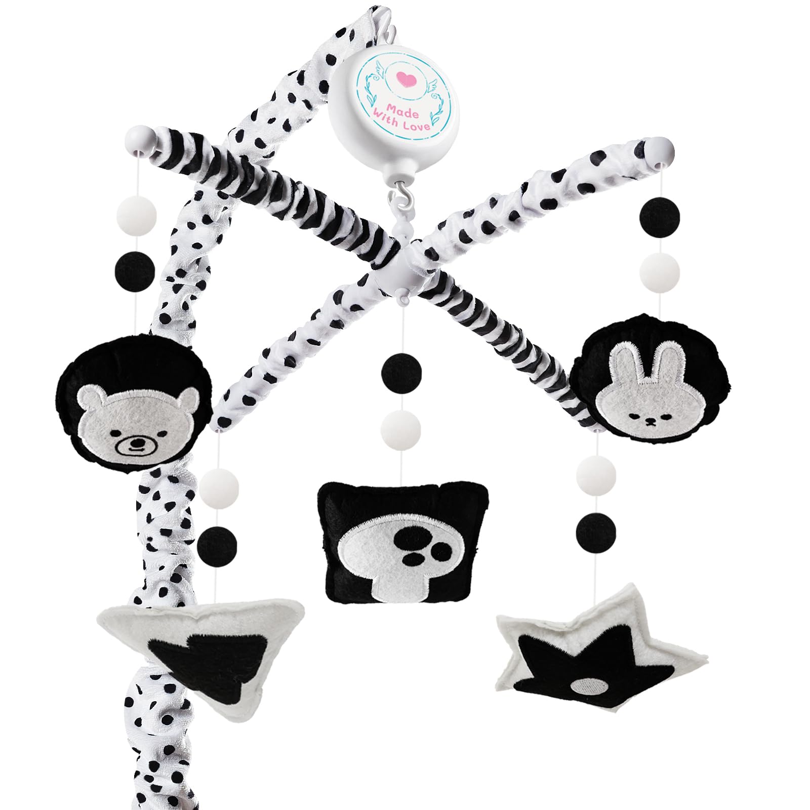 PIIKAGO Montessori mobile with black-and-white dots promotes visual tracking in crib.