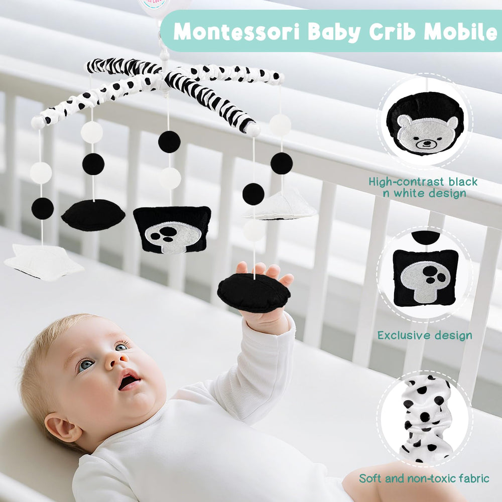 PIIKAGO mobile uses stripes and shapes to encourage early visual exploration.
