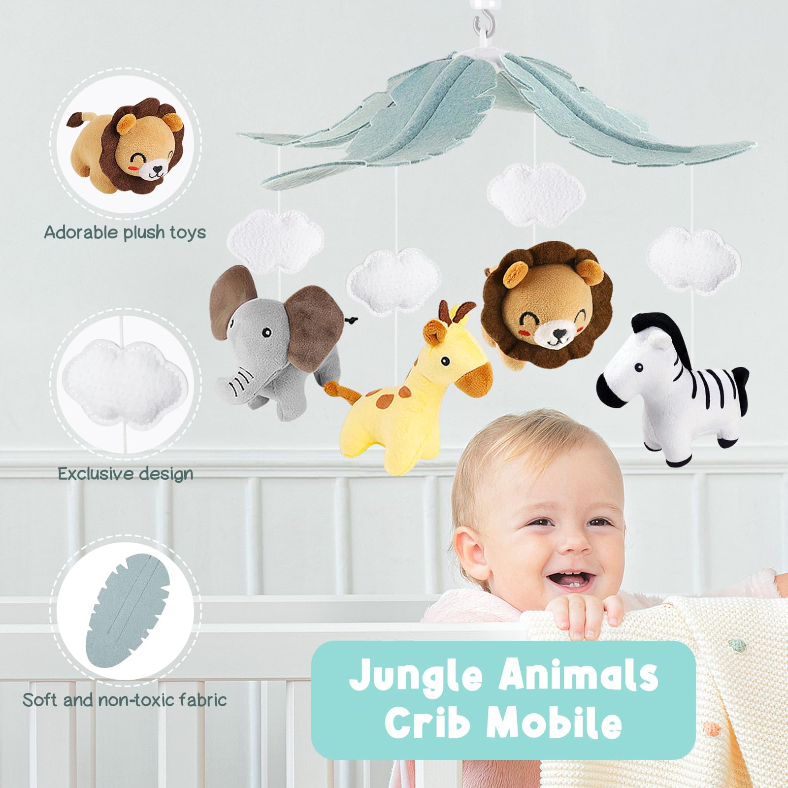 PIIKAGO Animals crib mobile giraffe encourages gaze tracking and curiosity.