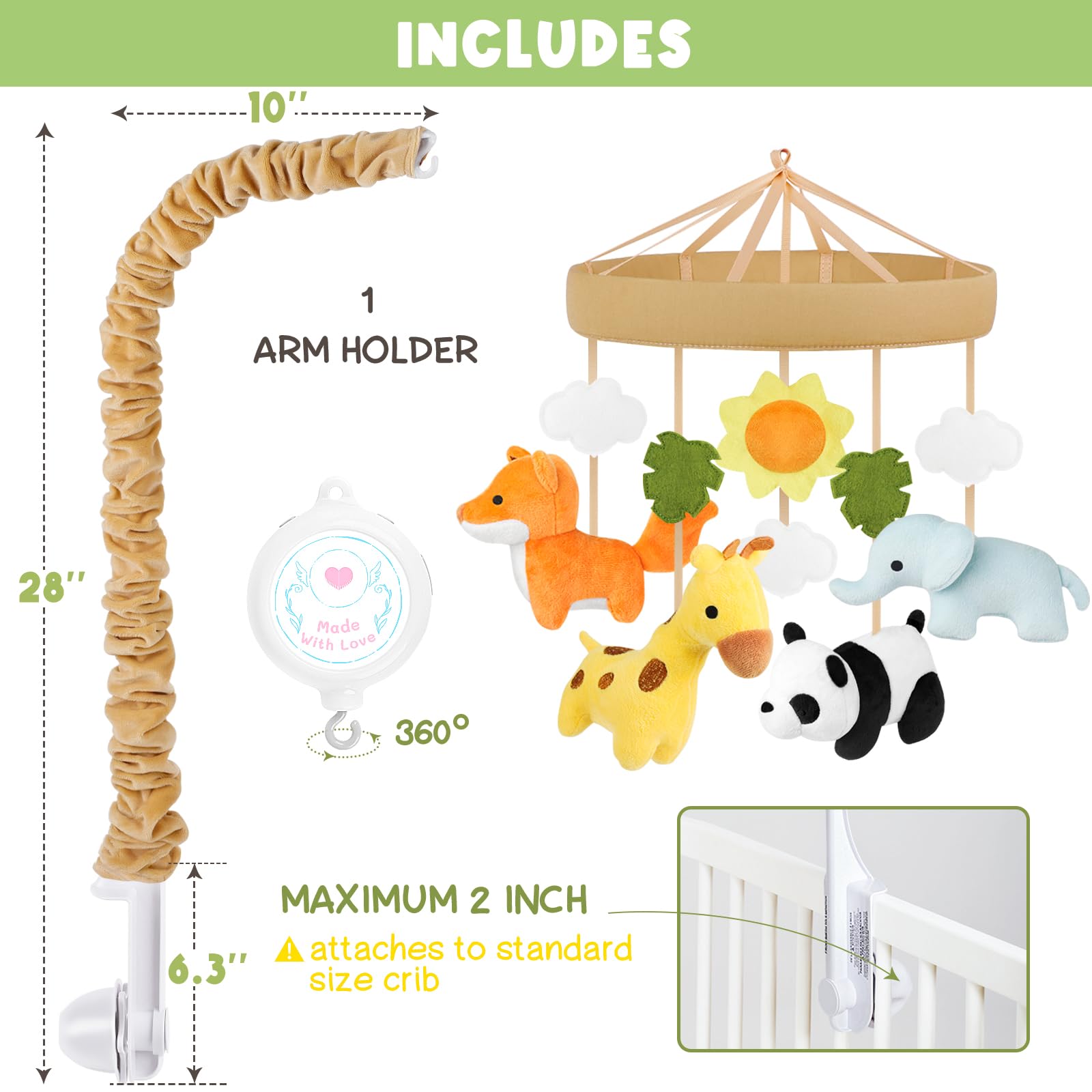 PIIKAGO Animals lullabies crib mobile features 12 tracks for gentle sleep cues.