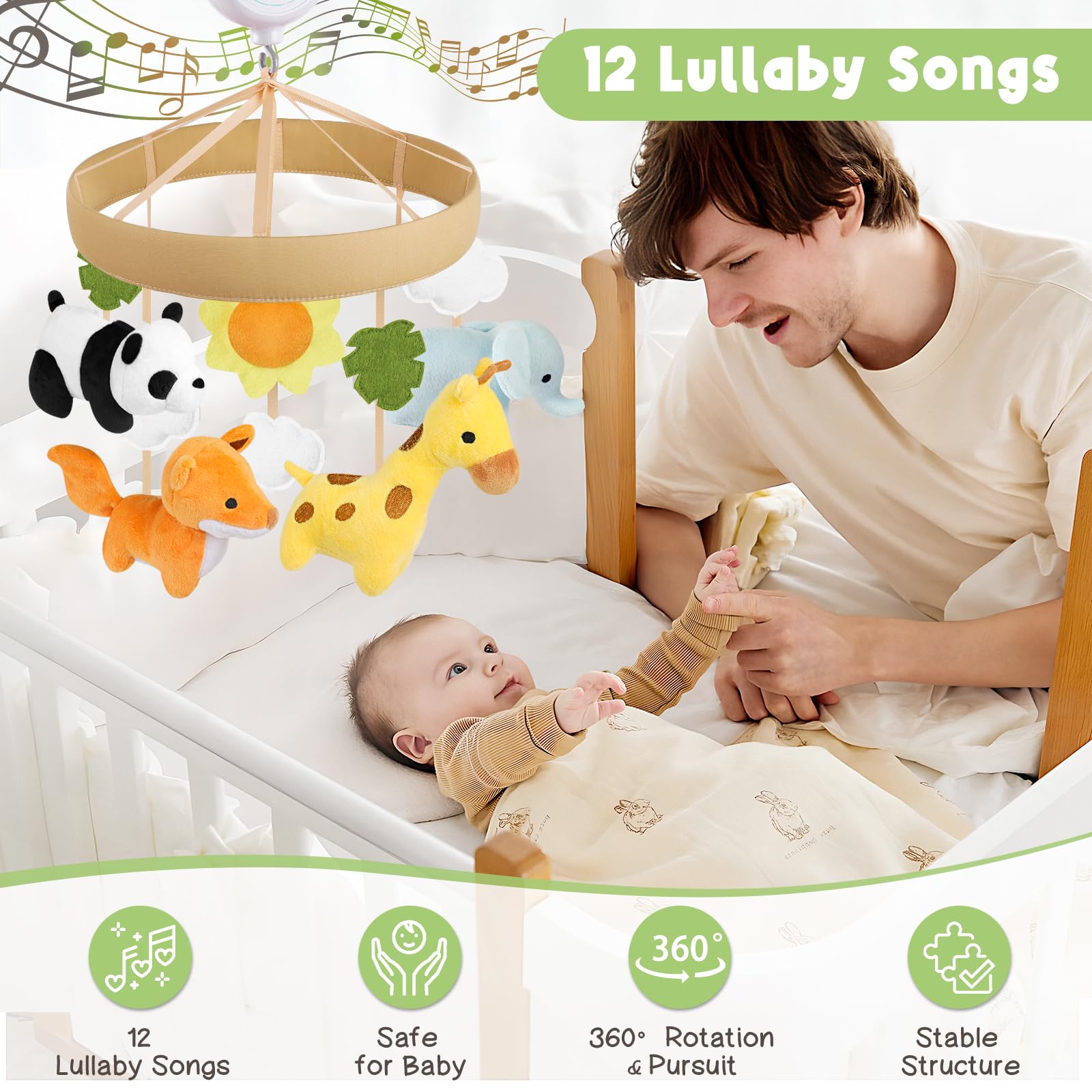 PIIKAGO Animals crib mobile panda plush toy adds woodland charm and soothing motion.