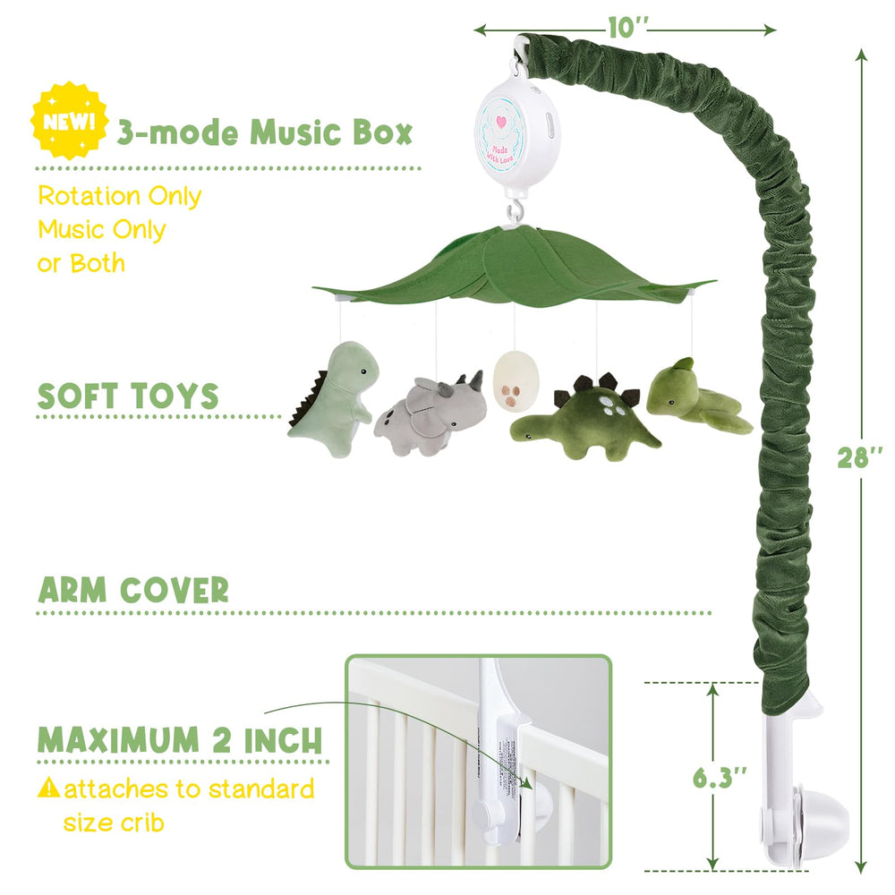 PIIKAGO Dinosaur Crib Mobile being assembled for easy setup and battery access.
