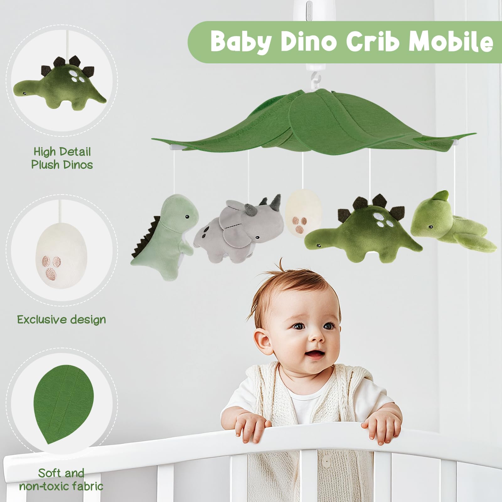 PIIKAGO Dinosaur Crib Mobile under a green leaf canopy promotes visual tracking for babies.