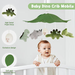 PIIKAGO Dinosaur Crib Mobile under a green leaf canopy promotes visual tracking for babies.