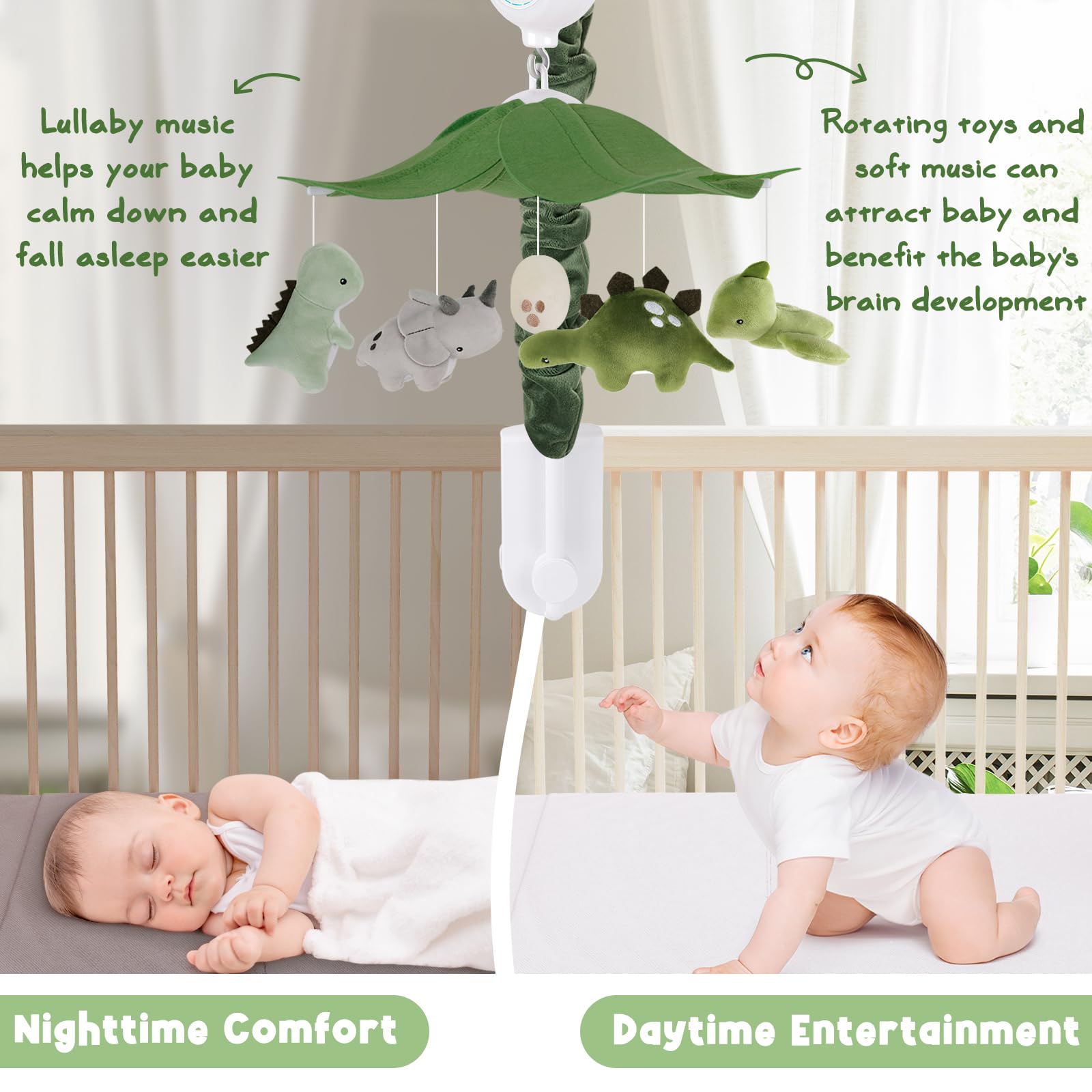 PIIKAGO Dinosaur Crib Mobile neutral design suitable for any nursery.