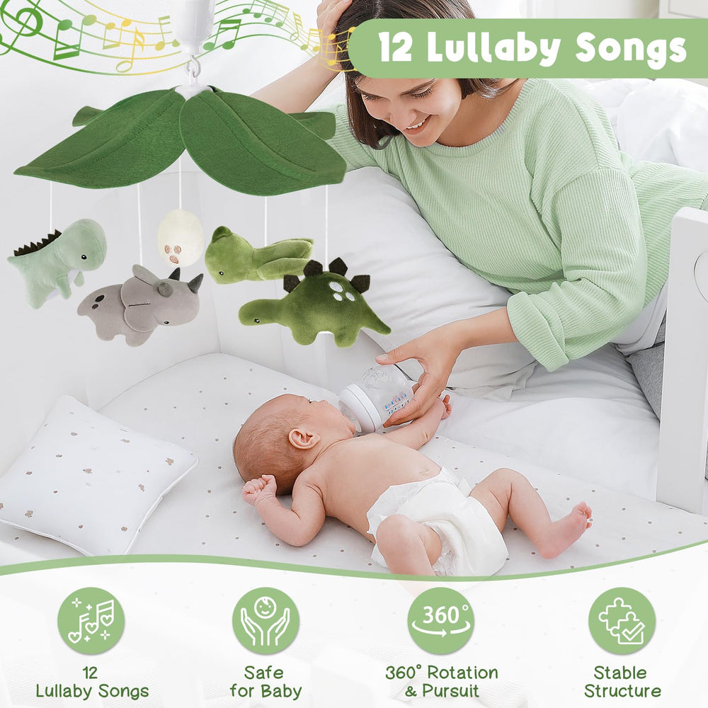 PIIKAGO Dinosaur Crib Mobile slow-rotating dinos encourage focus and color recognition.