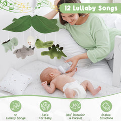 PIIKAGO Dinosaur Crib Mobile slow-rotating dinos encourage focus and color recognition.