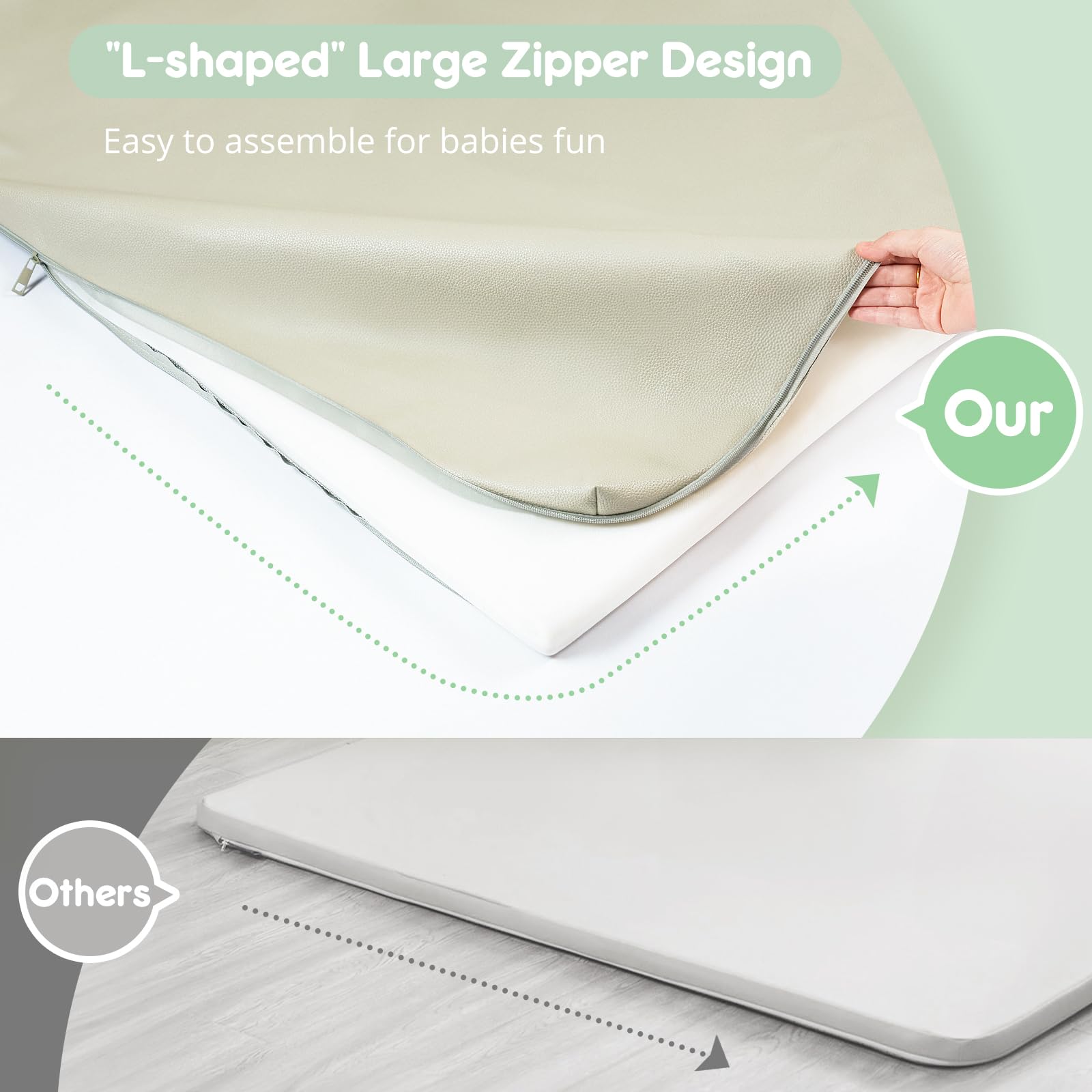 PIIKAGO padded baby play mat L-shaped zipper design enables easy setup and removal.