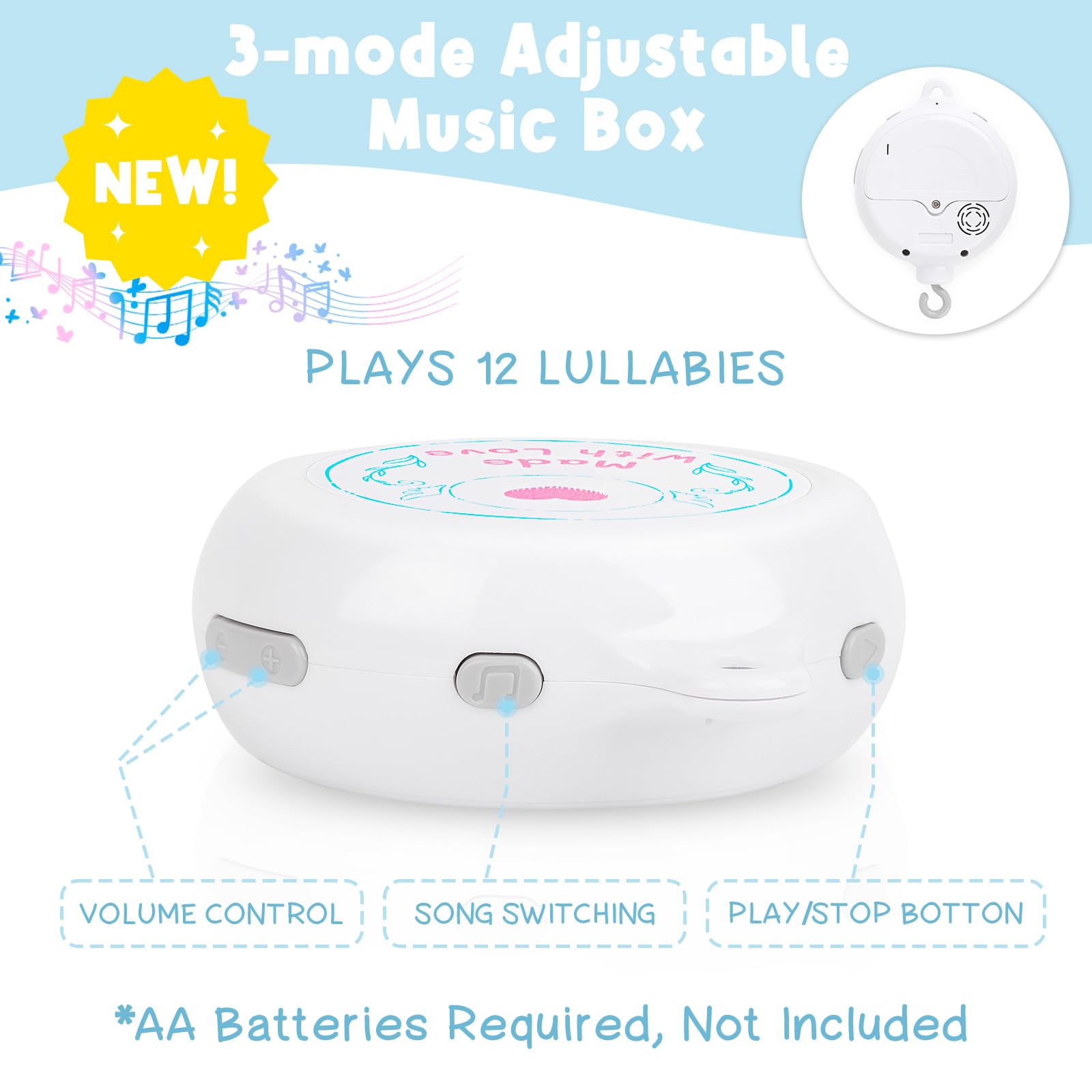 PIIKAGO Woodland crib mobile 3-mode music box provides customizable lullaby and rotation options