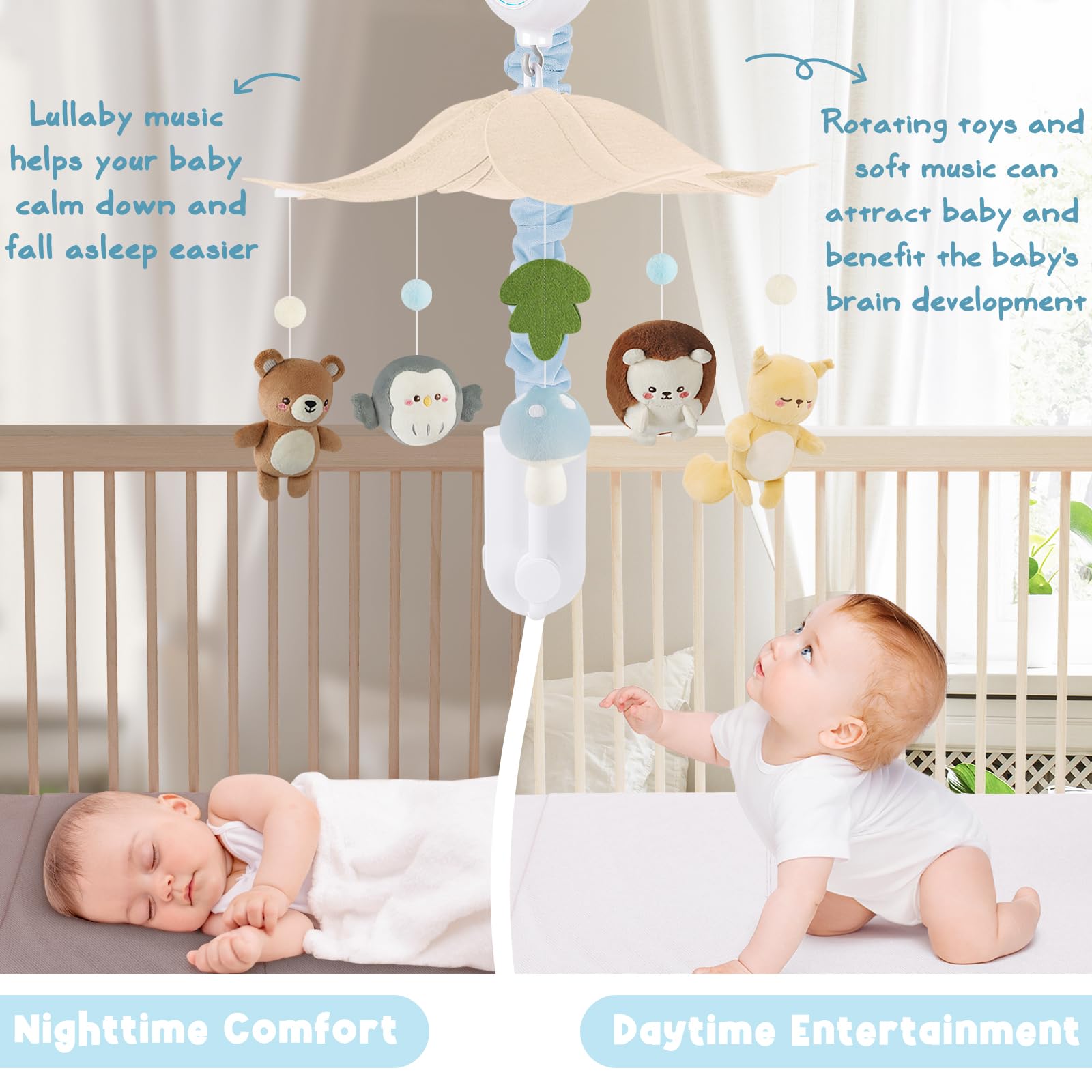 PIIKAGO Woodland crib mobile blue canopy fits standard cribs for easy setup
