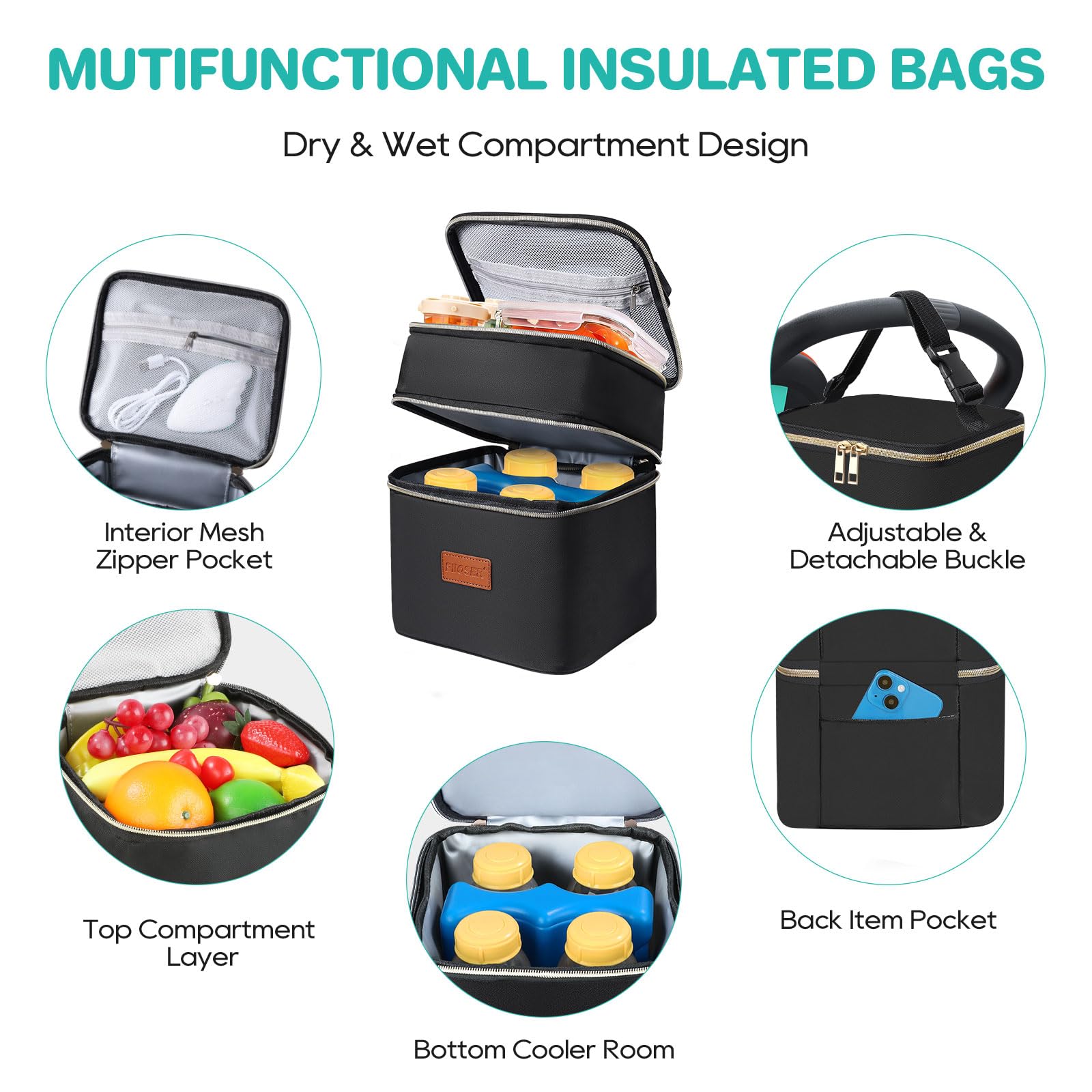 PIIOSER bag showing capacity for four bottles for daycare or travel.