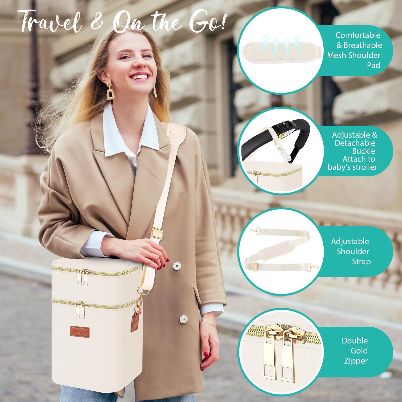 PIIOSER cream-colored tote from back view is compact and travel-ready.
