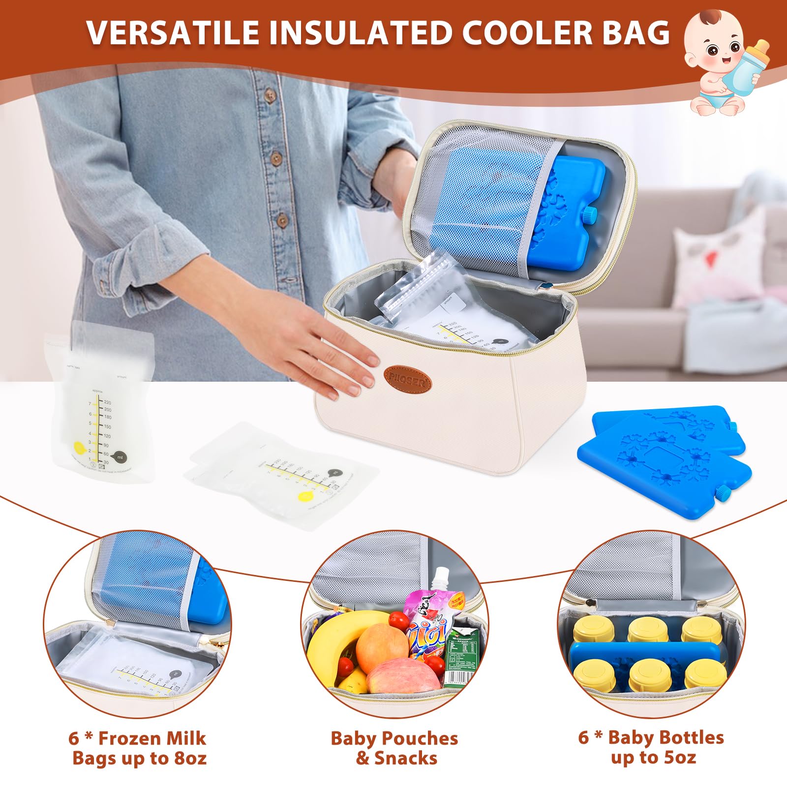 PIIOSER breast milk cooler bag with ice packs demonstrates extended cooling for feeds