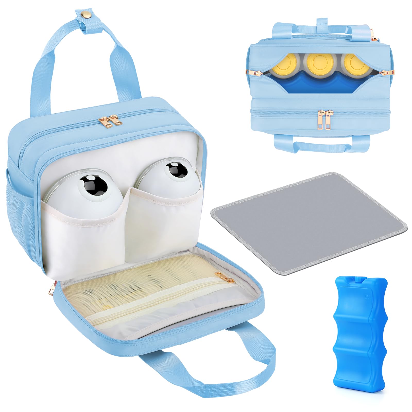 PIIOSER breastmilk cooler bag blue front view shows portable on-the-go storage.