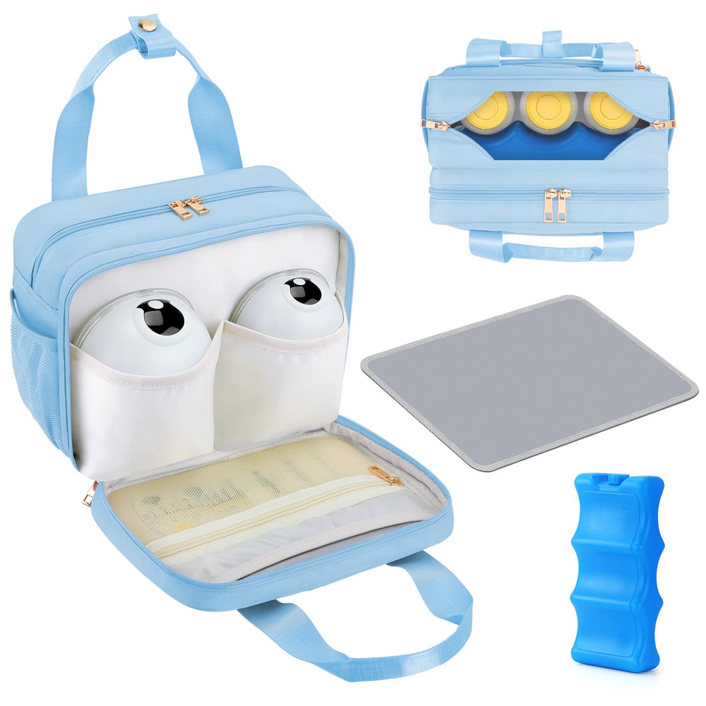 PIIOSER breastmilk cooler bag blue front view shows portable on-the-go storage.