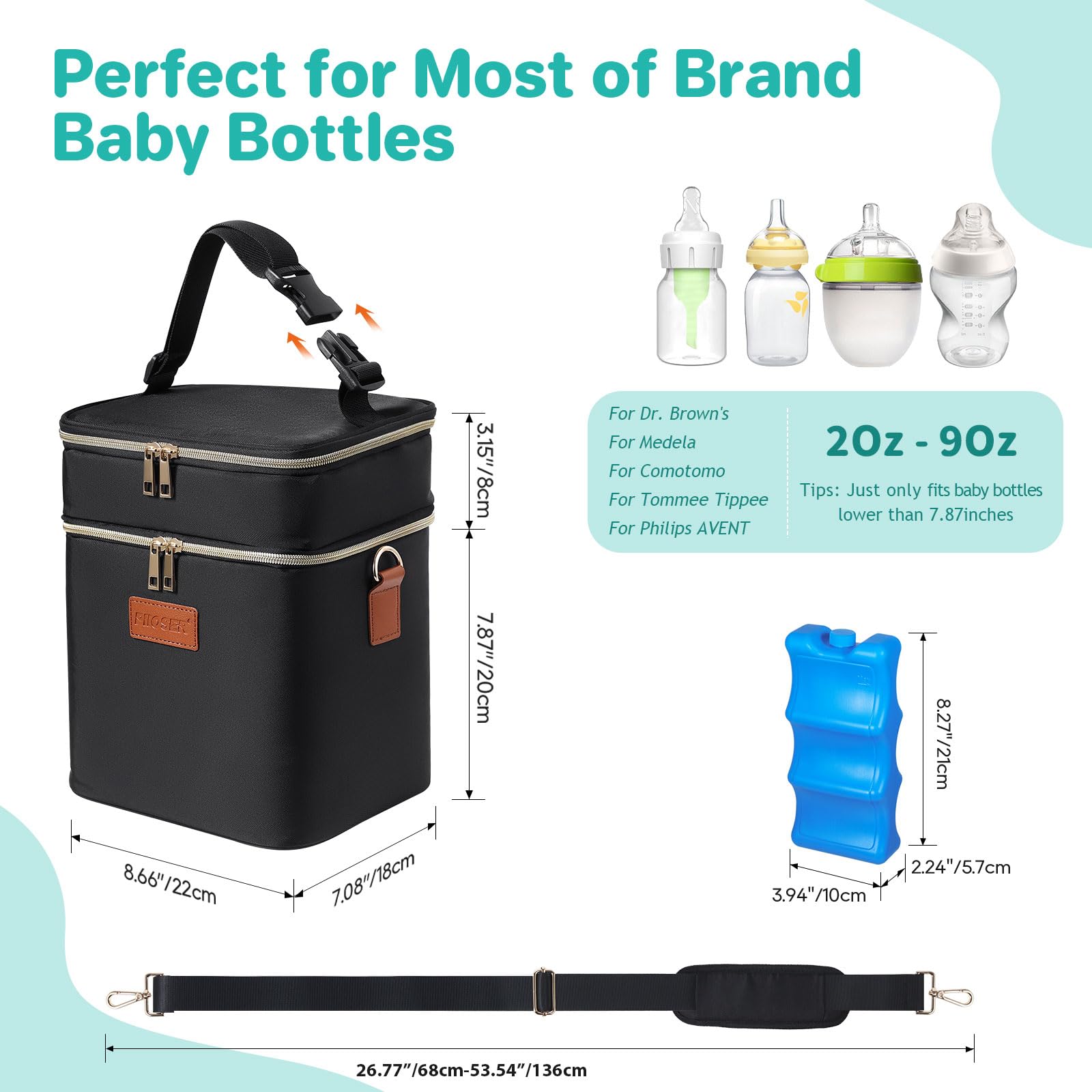 PIIOSER breastmilk cooler bag dimensions show 6-bottle capacity fits most brands