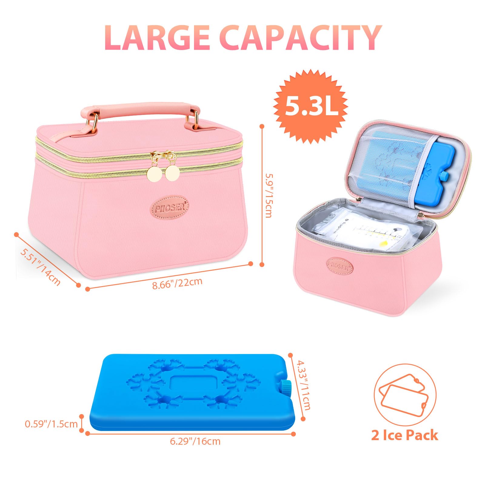 PIIOSER breast milk cooler bag with ice packs keeps milk cold for hours.
