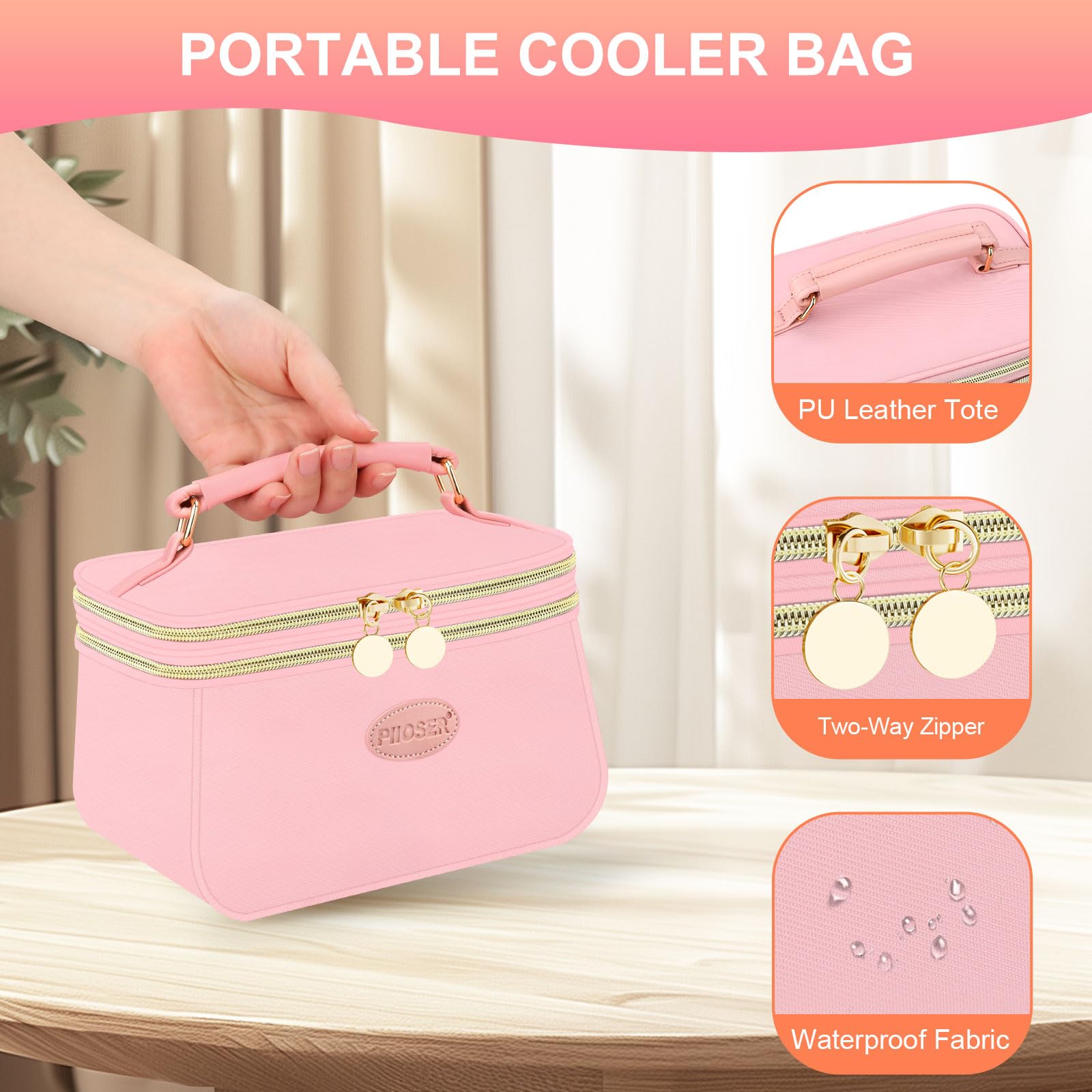 PIIOSER cooler bag side with snacks demonstrates storage versatility.