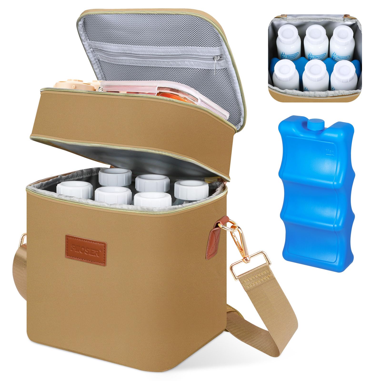 PIIOSER breastmilk cooler bottom compartment with ice pack keeps bottles cold for hours.