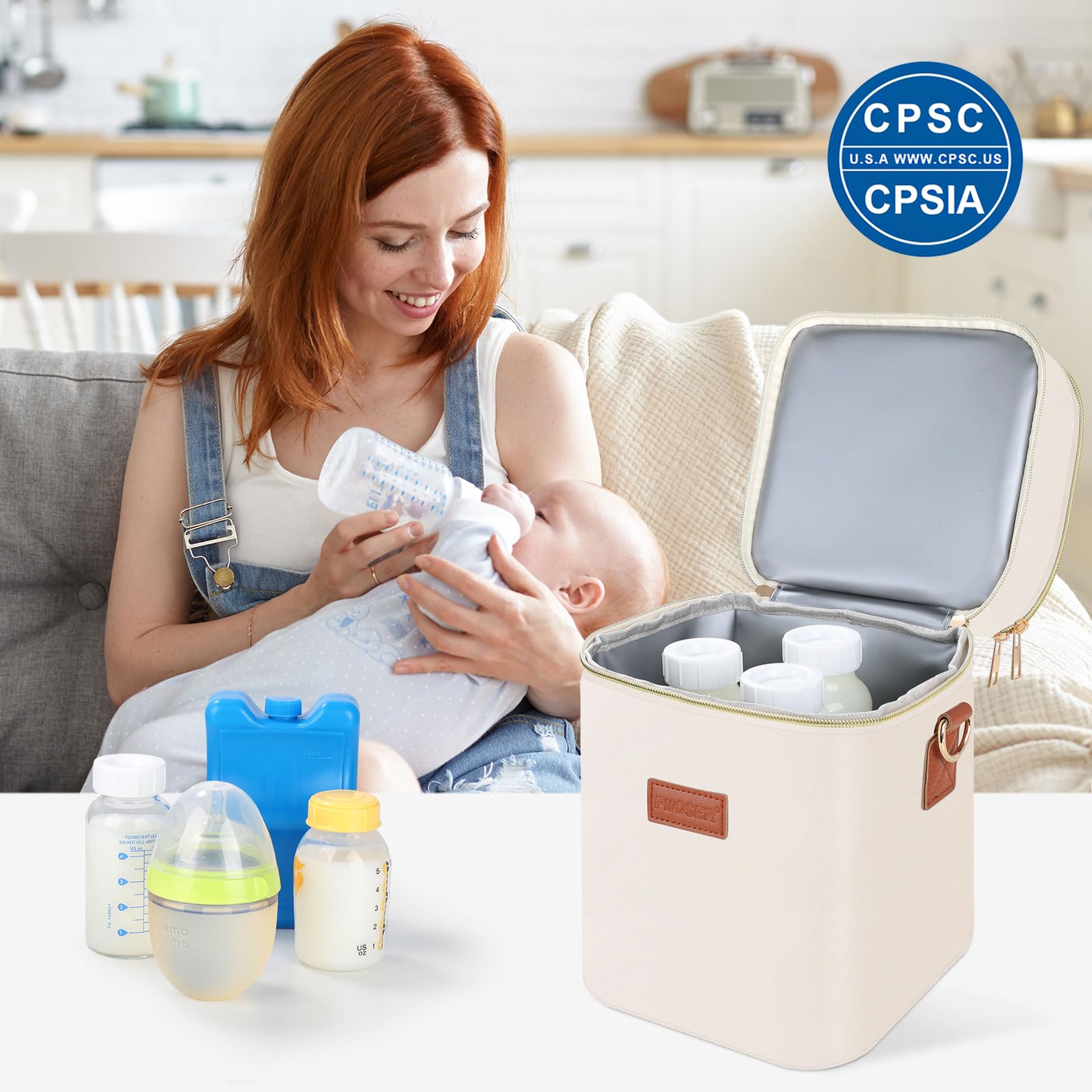 PIIOSER cream tote shows stroller-friendly attachment for hands-free travel.