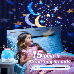 PIKOY 360-degree rotation night light fills room with unicorn and star patterns for immersive decor.