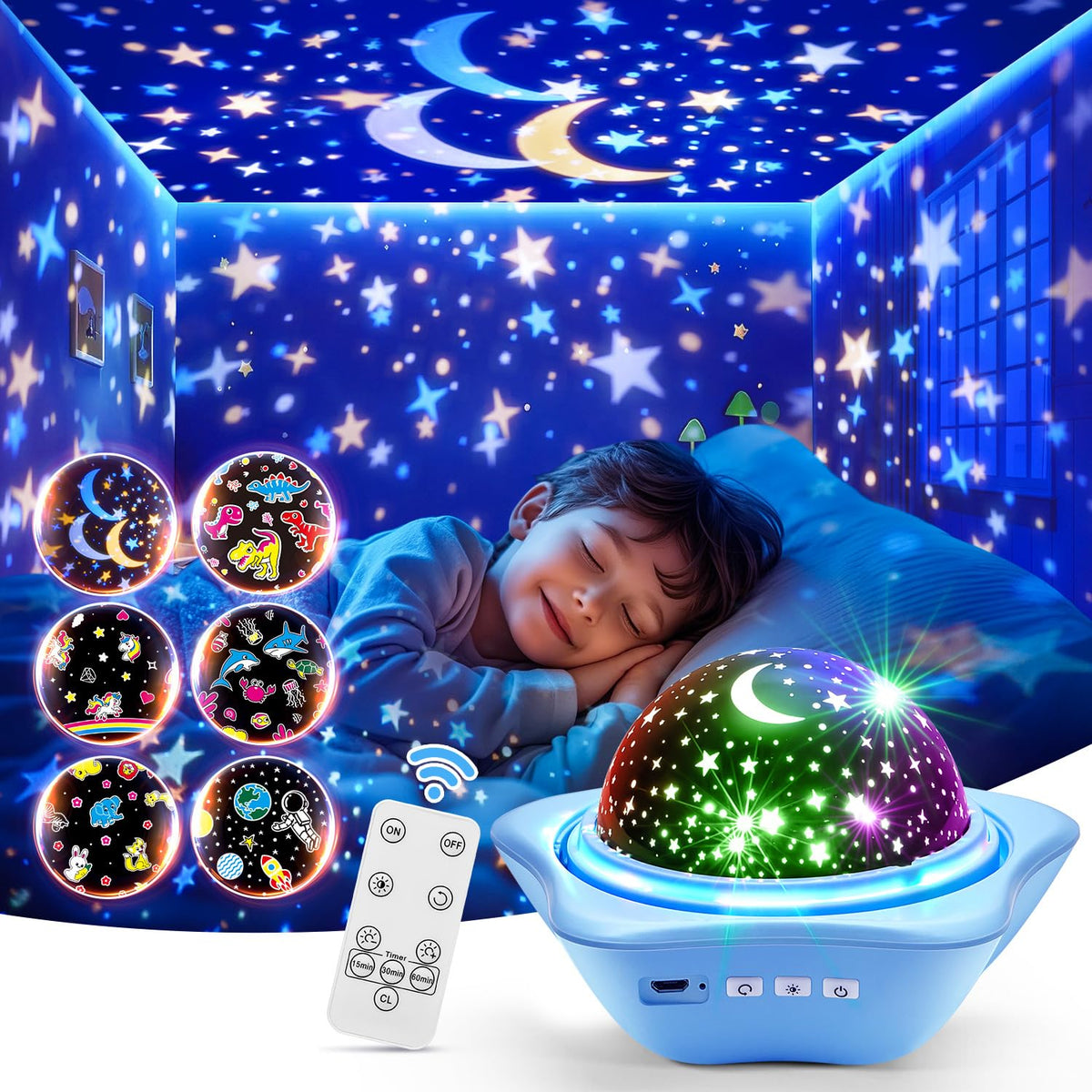 PIKOY night light star projector casts dreamy ceiling scene for calm bedtimes.