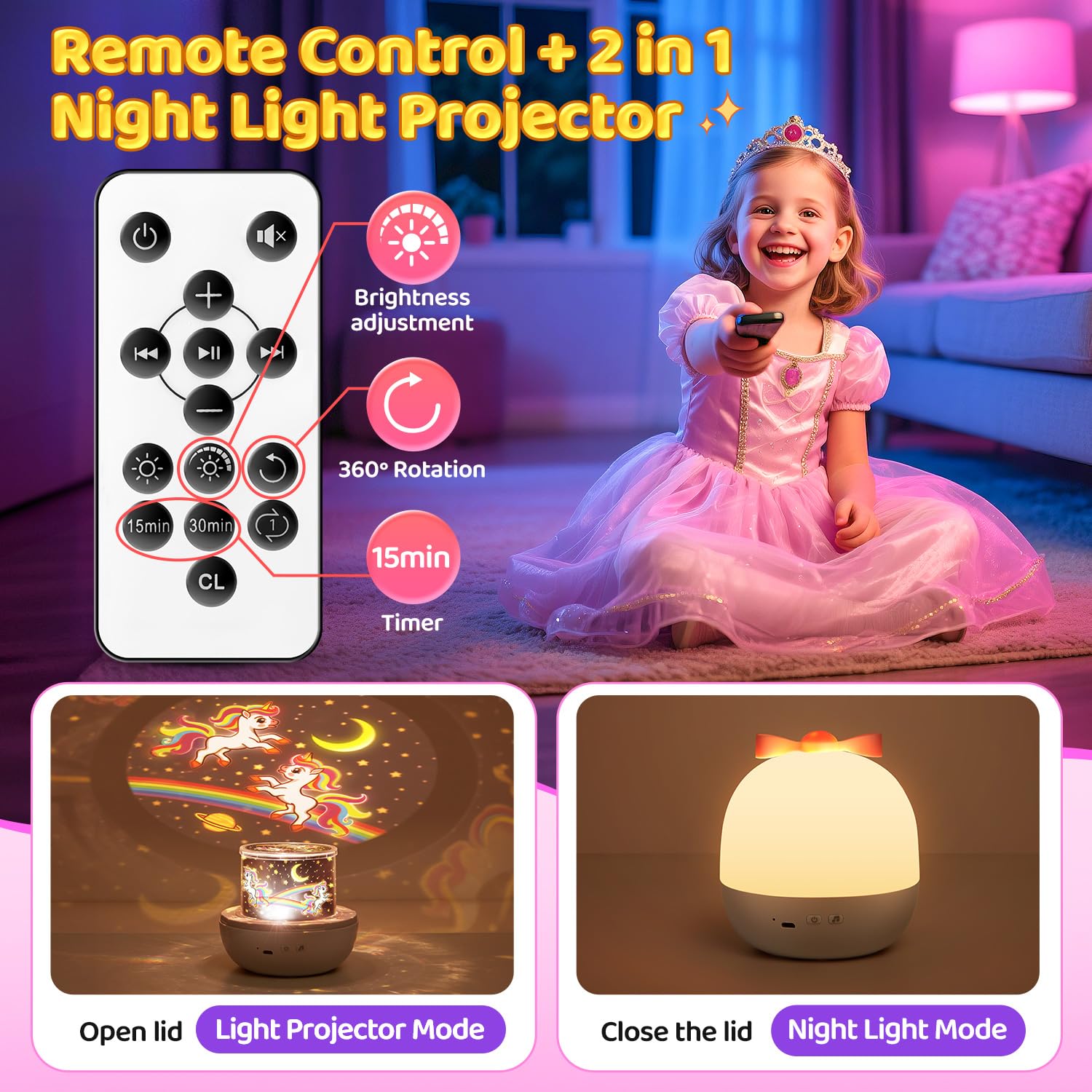 PIKOY unicorn night light projector rechargeable battery for cordless portability