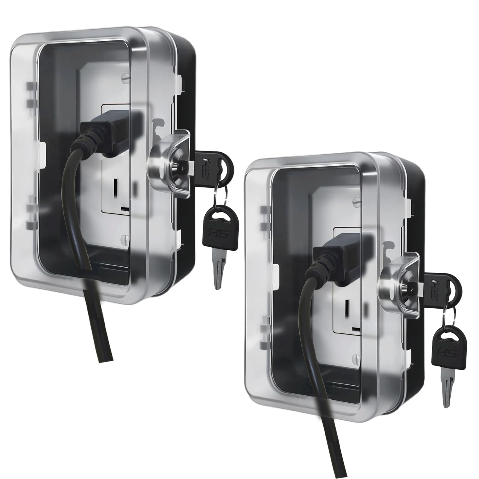 PILISPARK outlet lock box front view in black with two-pack setup for child safety