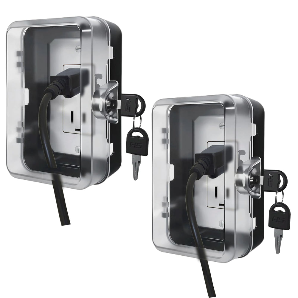 PILISPARK outlet lock box front view in black with two-pack setup for child safety