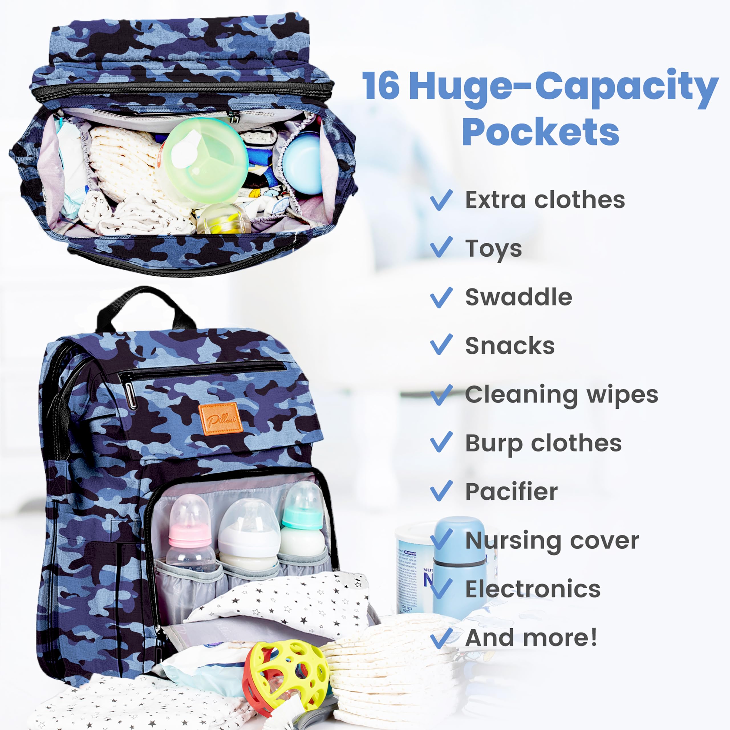PILLANI Baby Diaper Bag Backpack back strap close-up emphasizes comfort during long family outings.