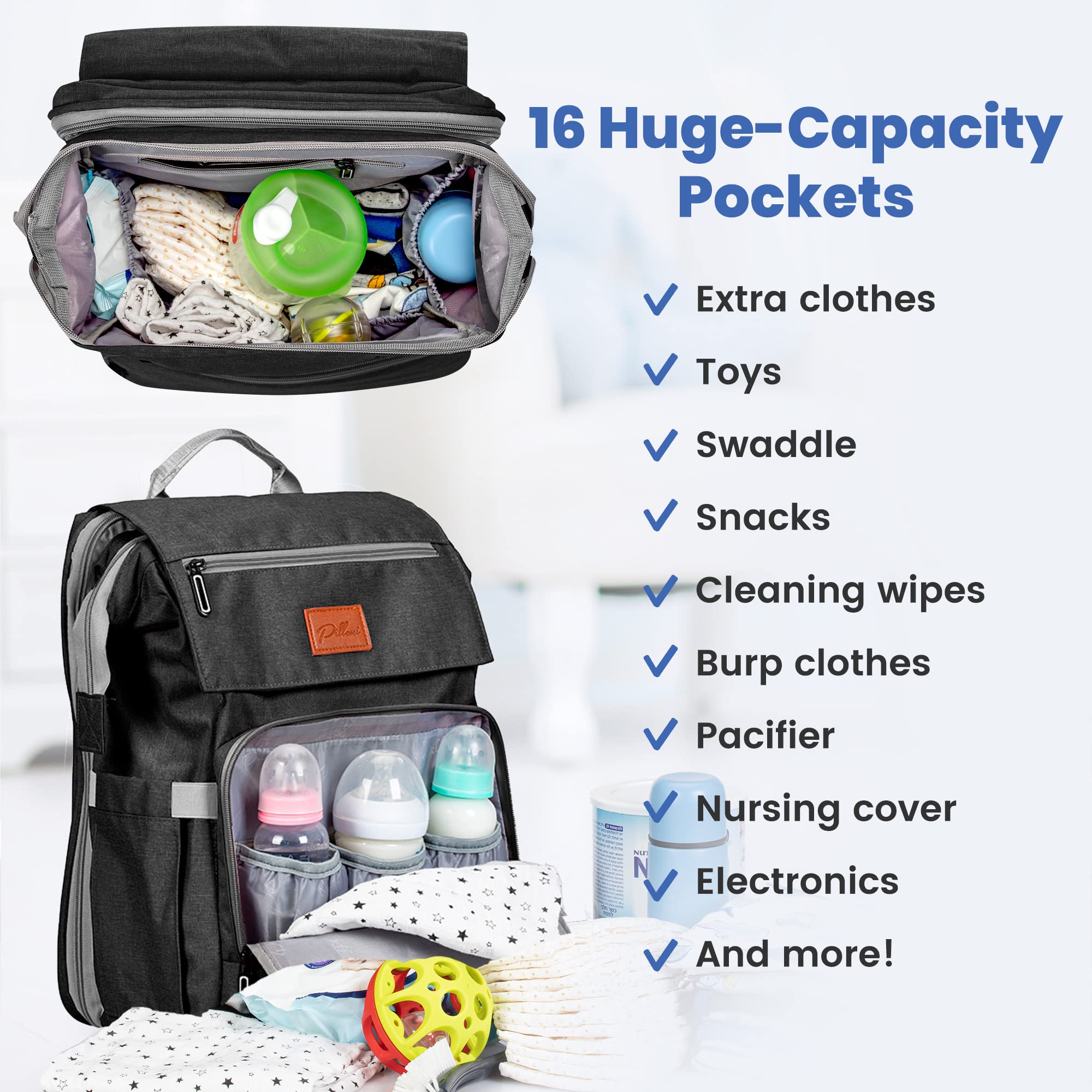 PILLANI diaper bag backpack back view shows comfortable padding and ergonomic wear